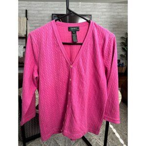 LAUREN RALPH LAUREN Pink Cable V Neck Button Down Cardigan Sweater Womens Size M